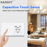 SANDIY Wall Touch Switch พร้อมซ็อกเก็ต Eu Smart Light Switch สีขาว1 2 3 Gang 23 Way สำหรับแผงกระจกคริสตัล Home Improvement