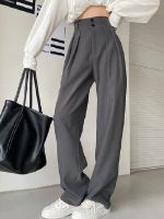 QWEEK Chic Fashion Black Wide Leg Pants Women Classic Office Wear Oversize High Waist Zipper Fly Female Gray Straight Trousers