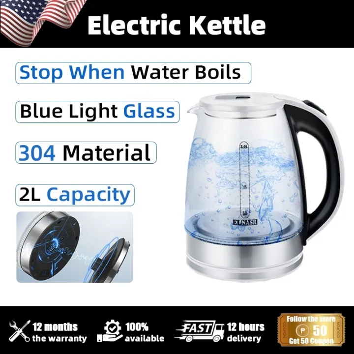 Electric kettle 2L glass rapid heat steam sensor switch boil and stop