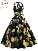 Halter ชุดฤดูร้อนผู้หญิงแขนกุดพิมพ์ลายดอกไม้เข็มขัด Robe Femme Elegant Vintage ชุด R Rockabilly Prom Party Dress