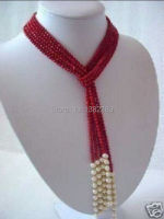 4MM Charming Red Coral &amp; White Pearl Scarf Necklace 50" JT5100