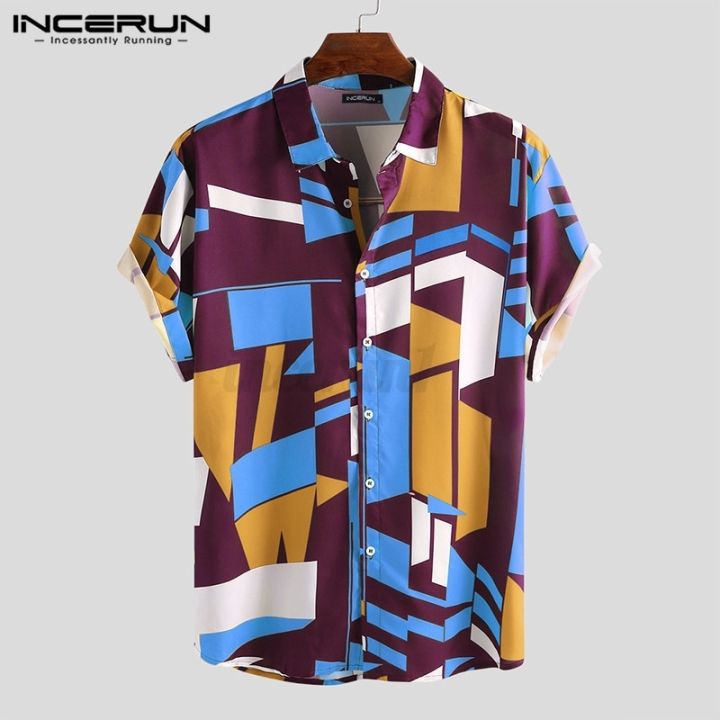 incerun-เสื้อเชิ้ตลําลอง-แขนสั้น-พิมพ์ลายเรขาคณิต-ติดกระดุม-สําหรับผู้ชาย