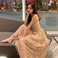 COD DSTGRTYTRUYUY Hollow backless dress sequins summer new temperament V-neck sexy long dress