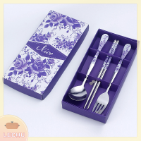 ? LECHU? 3PC Set of Blue และ White Porcelain บนโต๊ะอาหารสแตนเลสตะเกียบช้อนส้อมกล่องของขวัญแบบพกพาชุดโต๊ะอาหาร