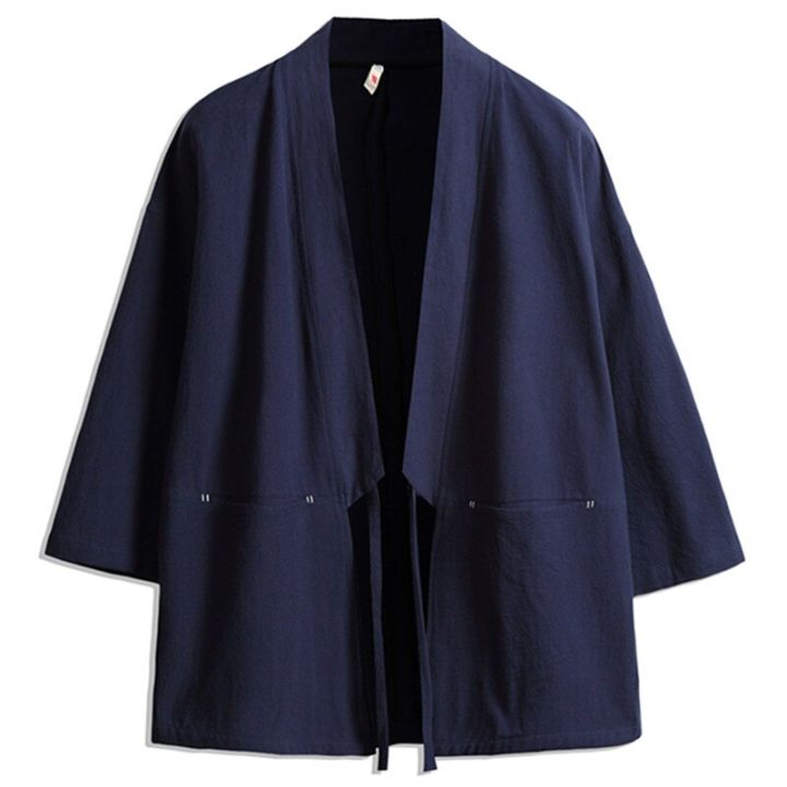 ยูกาตะผ้าลินินน้ำหนักเบาเปิดด้านหน้าทำจากผ้าฝ้ายแจ็กเก็ตญี่ปุ่นลำลองสำหรับผู้ชายเสื้อคาร์ดิแกน-kimono