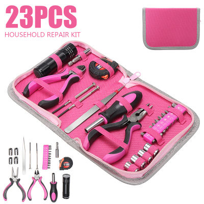 23pcs Female Pliers Screwdriver Household Pink Multi-function Hand Repairing Tool Kit DIY Plier Screw Tape Measure Home Tool
