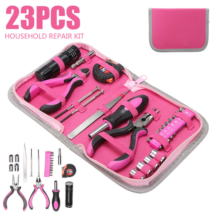 23pcs-female-pliers-screwdriver-household-pink-multi-function-hand-repairing-tool-kit-diy-plier-screw-tape-measure-home-tool
