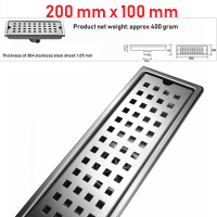 VIBORG 200mm x 100mm Deluxe 304 Stainless Steel Extra-thick Rectangular Bathroom Shower Linear Floor Drain Stainer Drainage Traps Drains