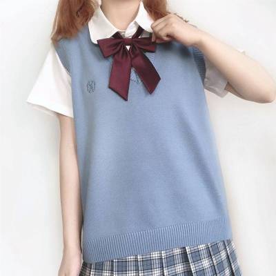 Preppy Style Women Sweater Vest Spring 2021 Autumn Women Short Loose Knitted Sweater Sleeveless Ladies V-Neck Pullover Blue Tops