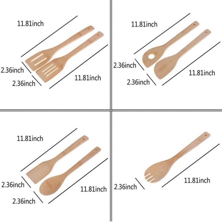 ชุดอุปกรณ์ทำอาหารไม้ไผ่7แพ็คเครื่องมือทำครัวช้อนไม้และไม้พาย11-8นิ้วเหมาะสำหรับกระทะและเครื่องครัวที่ไม่เหนียวเหนอะหนะ