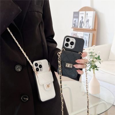「Enjoy electronic」 Fashion Black leather Card holder wallet Phone Case for iPhone 11 12 13 Pro Max 7 8 Plus X XS XR Luxury Neckband Lanyard Cover
