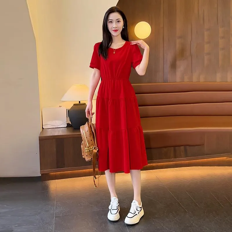 Korean Style Hepburn Style Little Red Dress Tiered Maxi Long Dress O-Neck  Casual Holiday Beach Baggy Sundress | Lazada