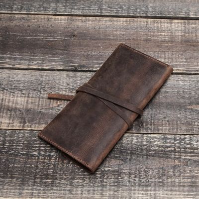 ✾∏♘ 1 Pc Handmade Cowhide Leather Pen Bag Retro Vintage Roll Pencil Case Pouch Office School Stationery Supplies