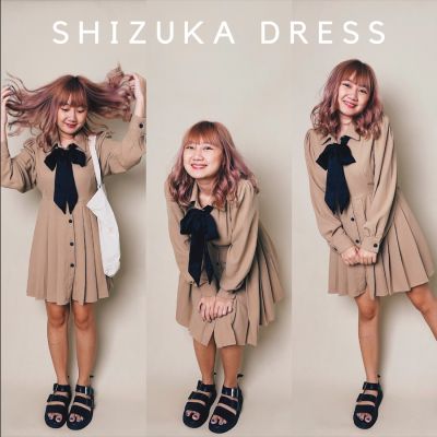Shizuka dress เดรสอัดพลีทสไตล์นักเรียนญี่ปุ่น เดรสนักเรียนญี่ปุ่น เดรสอัดพลีท เดรสสั้นแขนยาว เดรสเชิ้ต เดรสเชิ้ตสั้น