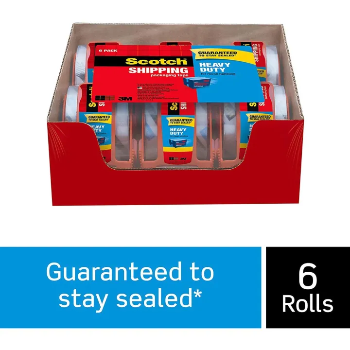 Scotch Heavy Duty Shipping Packaging Tape, 6 Rolls with Dispenser
