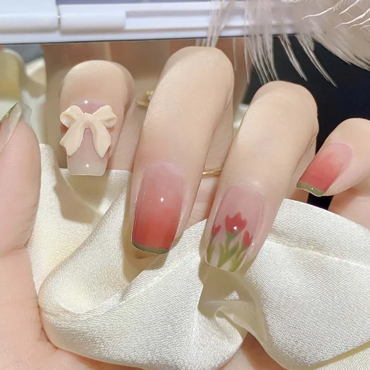 RETAO Fashion Self-adhesive Tulip Press On The Nails Girls Gift Full Cover  Camellia Flower printed False Nail Set False Nail Patch DIY Nail Decoration  Short Fake Nails | Lazada PH