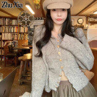 Zhu Xia เสื้อแจ็คเก็ตคาร์ดิแกนเสื้อกันหนาวเรโทรด้านในนุ่มและเคลือบขี้ผึ้ง,เสื้อแจ็คเก็ตเสื้อกันหนาวแบบถักใส่ฤดูใบไม้ผลิดีไซน์อ่อนโยน