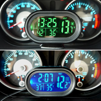 นาฬิกาและเครื่องวัดอุณหภูมิเครื่องประดับแดชบอร์ดอัตโนมัติ LED Lighted Watch Dual Temperature Voltmeter เครื่องทดสอบแรงดันไฟฟ้า12-24 V อุปกรณ์เสริมในรถยนต์