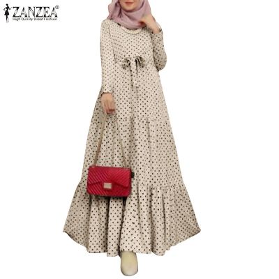 ZANZEA Women Muslim Elegant Party Fashion Long Sleeve Polka Dots Printed Belt Dress