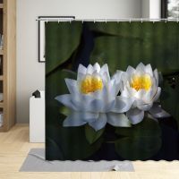 Landscape Plants Shower Curtain Lotus Leaf Lotus Flowers 3D Green Bath Print Waterproof Polyester For Bathroom Decor With Hooks