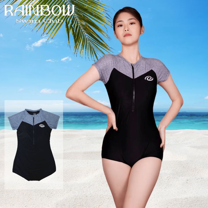 Rainbow rash Guard Women's zip one-piece swimsuit short sleeve colour ...