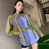 [EWQ] Korea Chic Spliced Striped Green Blouse Women Spring Autumn  New Laple Loose Single Breasted Long Sleeve Shirt Female