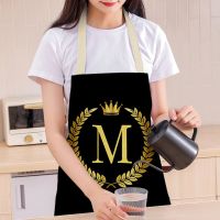 Hot Sale Apron for Women Black Golden Crown 26 Alphabet Letter Print Female Kitchen Apron Men Cotton Linen Apron for Cooking DIY Aprons