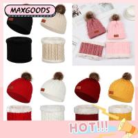 MAXG Kids Girls Boys Fur Pom Bobble Winter Warm Hat Scarf Set Hemming Hat Knitted Neckerchief Baby Beanie Cap