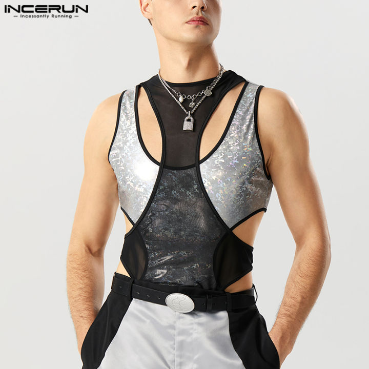 incerun-ชุดจั๊มสูทผ้าตาข่ายชุดตัดเย็บลายลูกไม้เงาแขนกุดสำหรับผู้ชายชุดบอดี้สูทผ้าบางโปร่งแสง-สไตล์ตะวันตก