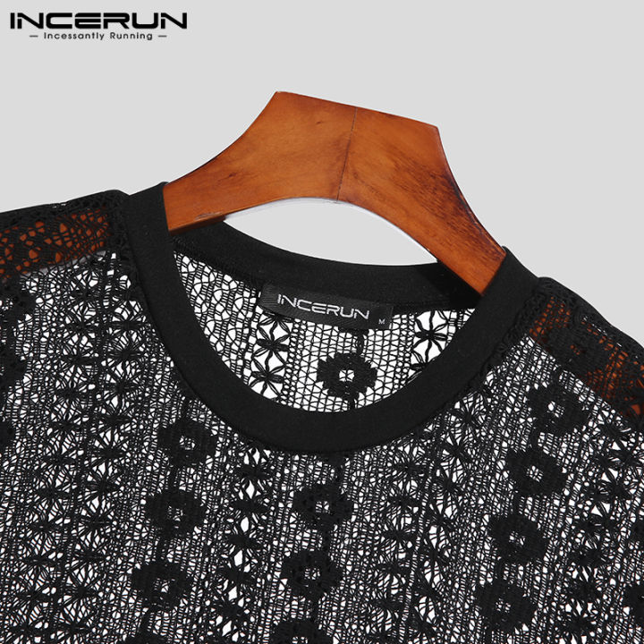incerun-เสื้อกล้ามพิมพ์ลายดอกไม้สำหรับผู้ชาย-เสื้อผ้าลูกไม้ซีทรูเสื้อเชิ้ตทรงหลวมสไตล์เกาหลี