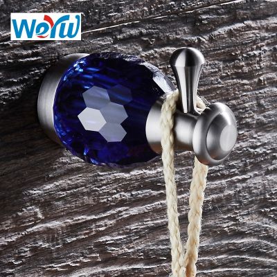✒☽ WEYUU Hook On The Wall Luxury Blue Crystal Robe Hook Stainless Steel Bathroom Accessories Hangings Towel Clothes Wire drawing
