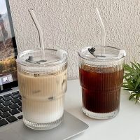 Stripe Glass Cup Transparent Straw Cups Creative Glass Cup Juice Beer Milk Drinking Glasses Cold Coffee Mug Cocktail Whisky Cup Cups  Mugs Saucers