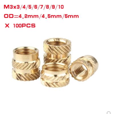 100pcs M3*3/4/5/6/8/10 OD 4.2mm 4.5mm 5mm Brass Hot Melt Insert Knurled Nut Thread Heat Molding Double Twill Injection Nut Nails Screws Fasteners