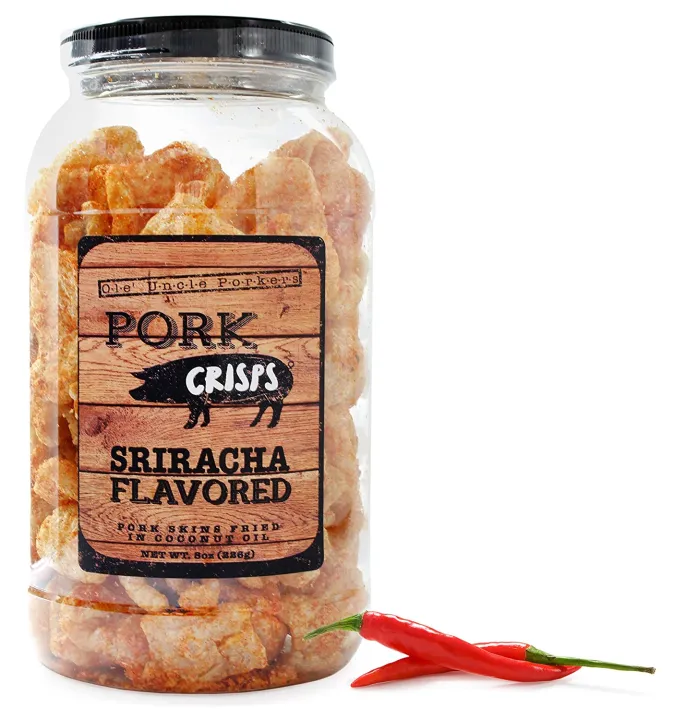 Spicy Sriracha Pork Rinds (8 Ounces); Pork Crisps Fried in Coconut Oil