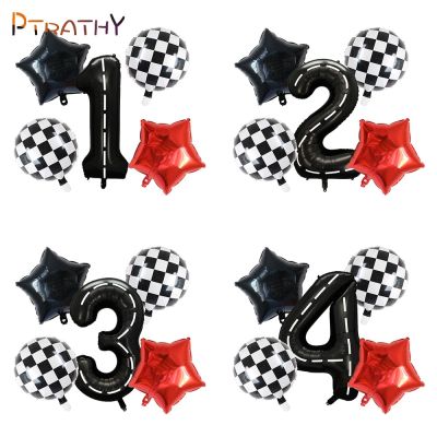 5pcs Race Car Balloon 40 Inch Racetrack Number Balloon 2 Black Baby Shower Boys Two Fast Birthday Race Car Theme Party Decorate Artificial Flowers  Pl