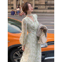 French Floral V-Neck Halter Chiffon Long-Sleeved Dress For Women Spring And Autumn Tight Waist A- Line Skirt Niche Design Long Dress