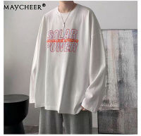 MAYCHEER เสื้อยืดแขนยาวลำลองคอกลมหลวมเสื้อยืดพิมพ์ลายตัวอักษรเสื้อคู่สำหรับผู้ชาย