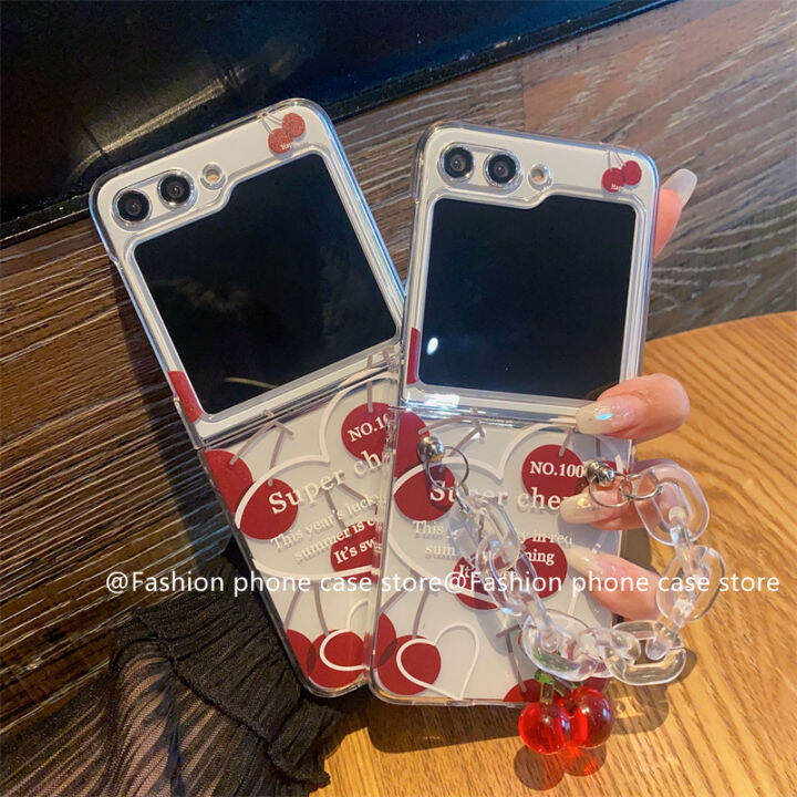 เคสโทรศัพท์-samsung-galaxy-z-flip5-flip4-flip3-5g-เคสการ์ตูนเชอร์รี่สีแดงหวานน่ารักพร้อมสร้อยข้อมือซิลิโคนใสเคสนิ่มกันกระแทก-phone-case-เคส-samsung-zflip5-2023