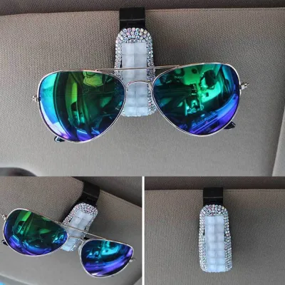 Auto Fastener Clip Crystal Rhinestone Flower Car Sun Visor Glasses Sunglasses Folder Ticket Receipt Card Clip Storage Holder