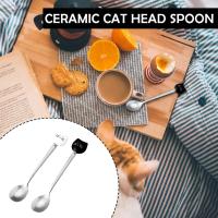 1PC Stainless Steel Cat Head Ceramic Scoop Mixing Teaspoon Spoons Elegant European Style Coffee P4U3