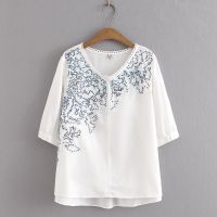 【มีไซส์ใหญ่】Plus Size XL-4XL Womens Half Sleeve Summer Tops V-neck Full Cotton Floral Embroidered Female Shirts Vintage A-line Top