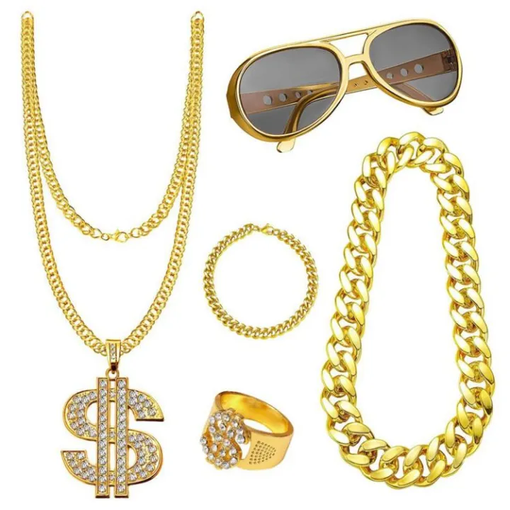 Hip Hop Costume for Men 5 Pieces Rapper Costume Accessories Fake Gold ...