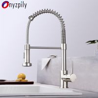 Spring Brushed Kitchen Sink Faucet Pull Down Sprayer Nozzle Single Handle Faucets Mixer Hot Cold Stainless Steel Modern