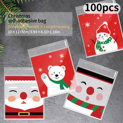 100Pcs ถุงคริสต์มาส Candy Cookie Self-Adhesive ของขวัญบรรจุภัณฑ์บิสกิตขนมขบเคี้ยวเบเกอรี่กระเป๋า Navidad ปีใหม่ Xmas Supplies