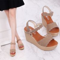 2023 Spring New Womens Sandals Womens Shoes Open Toe Korean Edition Solid Wedge Heel High Heel Buckle Sandals