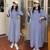 Women Short Sleeves T-shirt Dress Trendy Striped Round Neck Pullover A-line Skirt Casual Loose Long Skirt