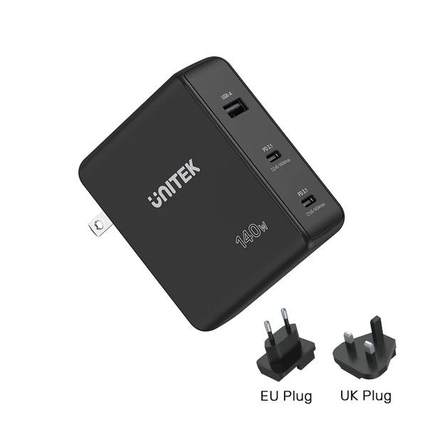 unitek-140w-usb-c-3-port-mobile-wall-charger-black-140w-gan-wall-charger-p1115a