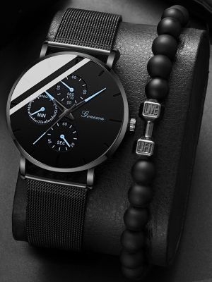นาฬิกา + สร้อยข้อมือ2023แฟชั่นของผู้ชายเรียบง่ายนาฬิกาบางพิเศษผู้ชายสแตนเลสสำหรับธุรกิจตาข่ายสายนาฬิกาควอทซ์