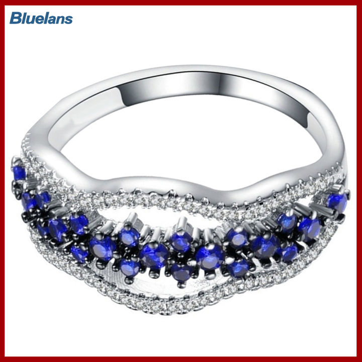 Bluelans®ของขวัญเครื่องประดับขอแต่งงานแถบกลวงฝังแซฟไฟร์เทียมสำหรับผู้หญิงแหวนใส่นิ้ว