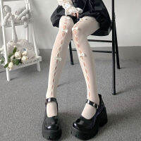 【 Cw】hollow Out ตาข่าย Fishnet Pantyhose สไตล์ญี่ปุ่นสาวหวานถุงน่อง Lolita Kawaii Handmade Bowknot ผ้าไหมลูกไม้ Tights หญิง